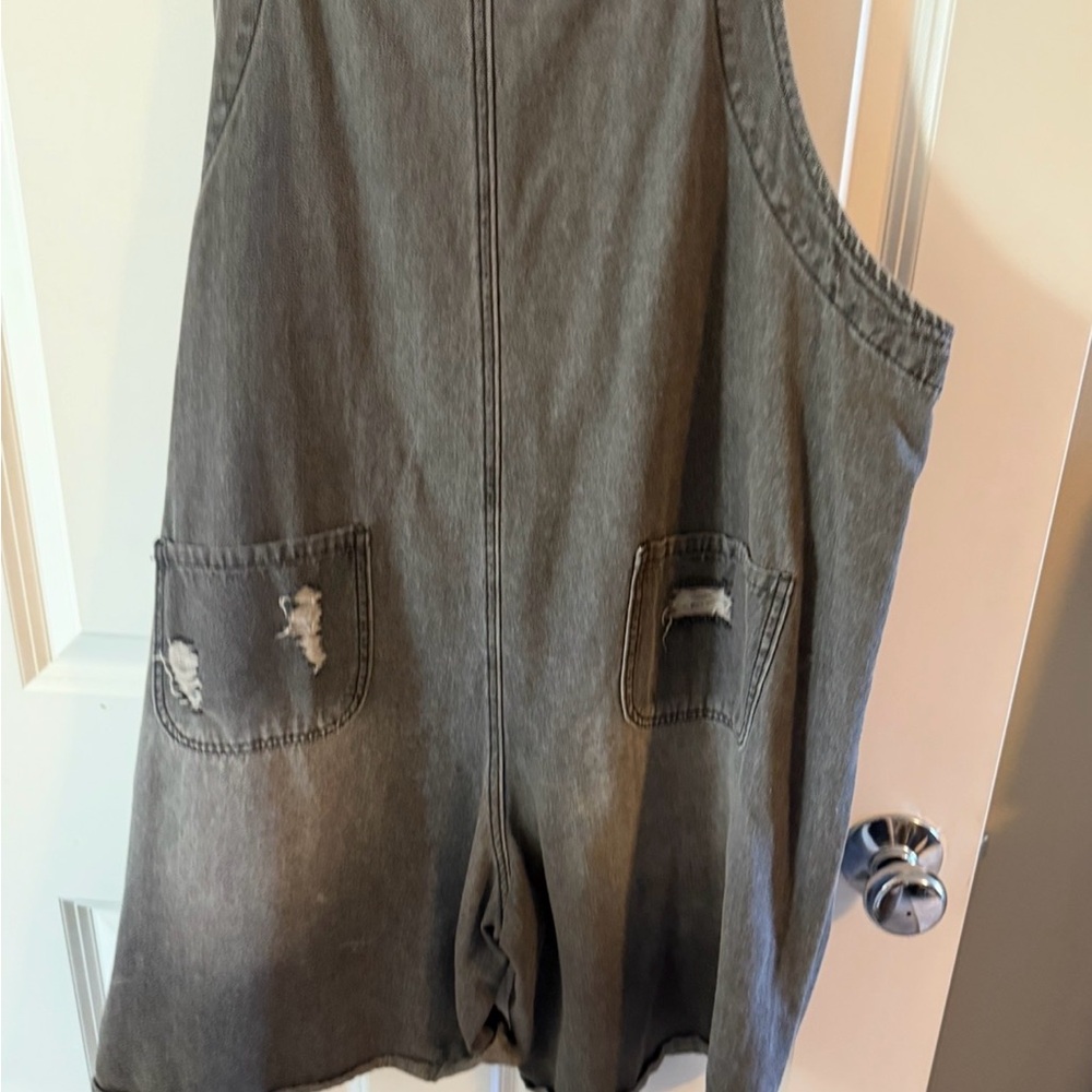 easel Washed Black Distressed Denim Short Overalls - Picture 6 of 6